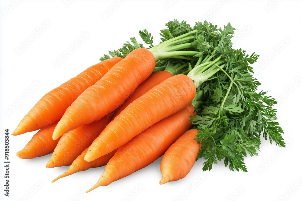 Fresh carrots with green tops displayed on a white background. Generative AI. Fresh carrots with green tops displayed on a white background. Generative AI.