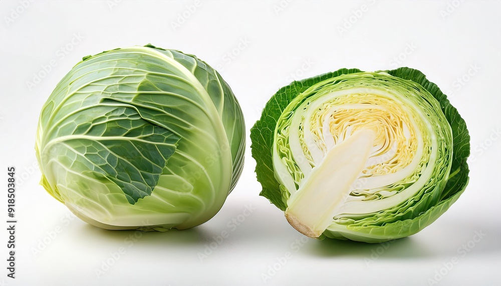 Fototapeta premium green cabbage - Brassica oleracea - can be pickled, fermented in sauerkraut or kimchi, steamed, stewed, roasted, sautéed, braised, or eaten raw. isolated on white background with copy space