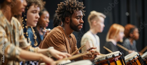 Percussion Ensemble Class at Music School - Students Playing Various Percussion Instruments