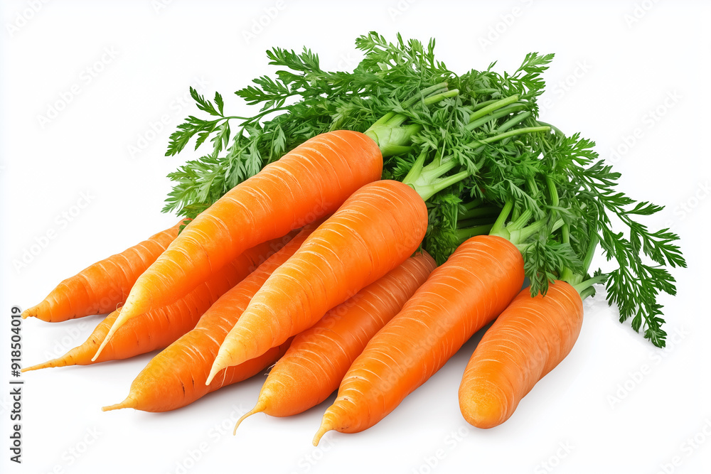 Fresh carrots with green tops displayed on a white background. Generative AI. Fresh carrots with green tops displayed on a white background. Generative AI.