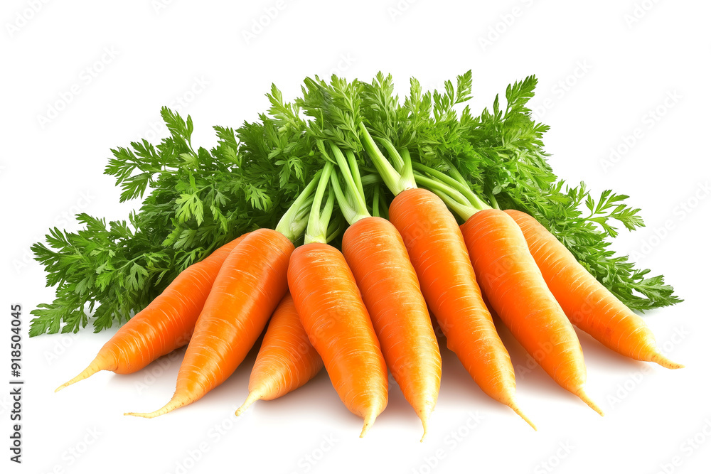 Fresh carrots with green tops displayed on a white background. Generative AI. Fresh carrots with green tops displayed on a white background. Generative AI.