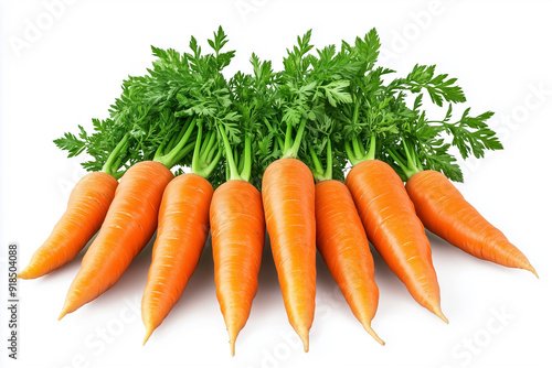 Fresh carrots with green tops displayed on a white background. Generative AI.