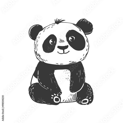 Hand drawn sketch of a smiling panda bear sitting on its haunches
