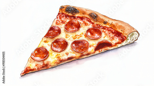 A watercolor slice of pepperoni pizza centered on a white background
