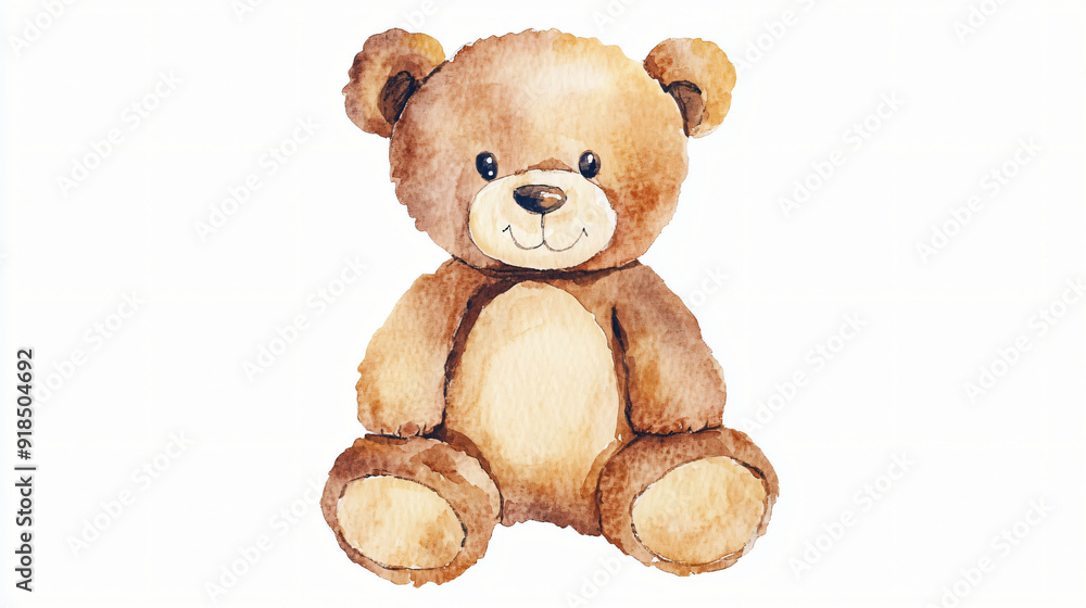 Fototapeta premium A watercolor teddy bear centered on a plain white background