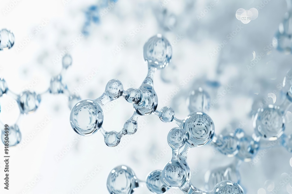 Abstract molecular structures intertwined with bubbles on a sleek, white background, representing scientific innovation Abstract molecular structures intertwined with bubbles on a sleek, white background, representing scientific innovation