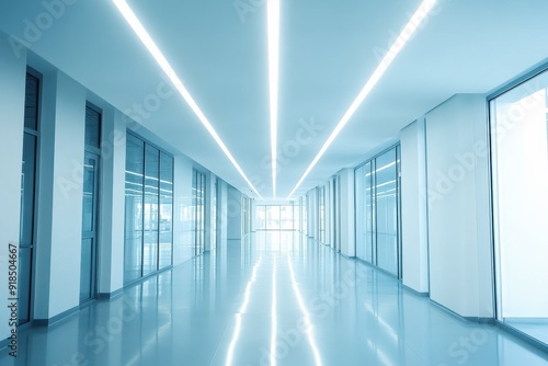 futuristic modern office corridor illuminated by energy-efficient led lighting, showcasing sleek design and sustainability