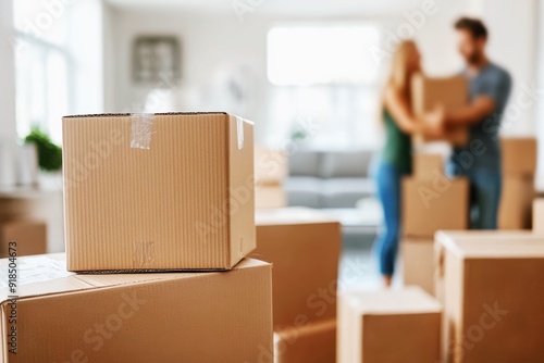 young couple in their new home surrounded by packed boxes on moving day, fresh start