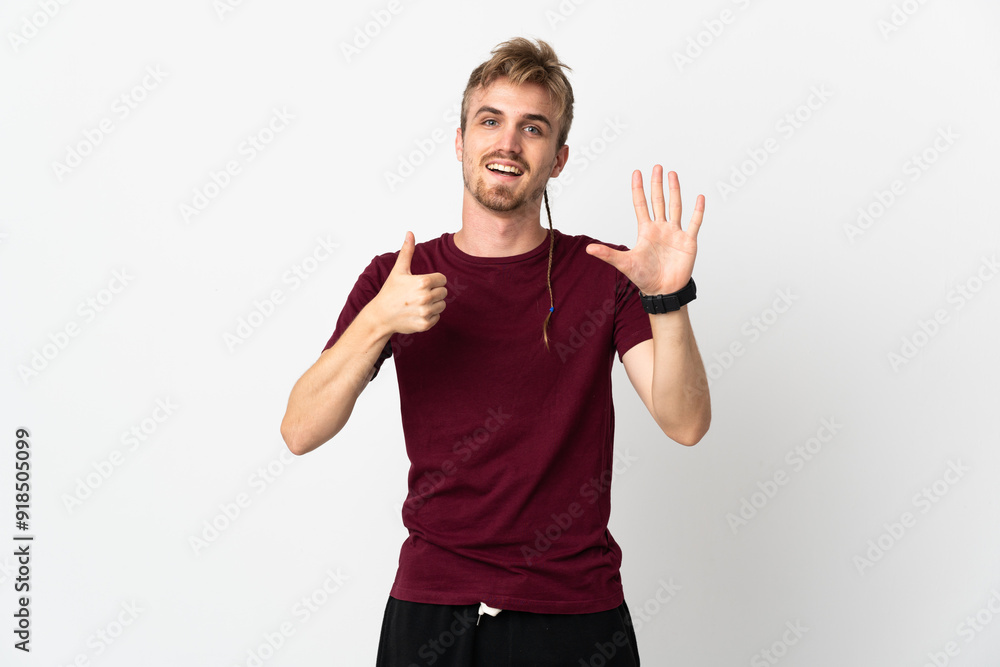 Young handsome man isolated on white background counting six with fingers Young handsome man isolated on white background counting six with fingers