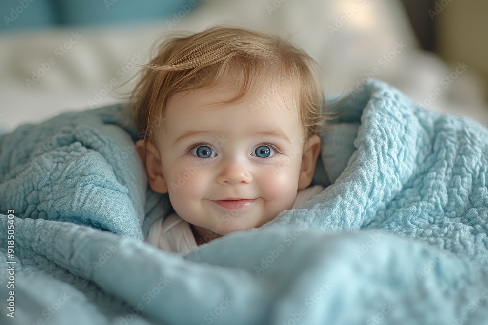 Baby with Blue Eyes Smiling Under a Blue Blanket Baby with Blue Eyes Smiling Under a Blue Blanket