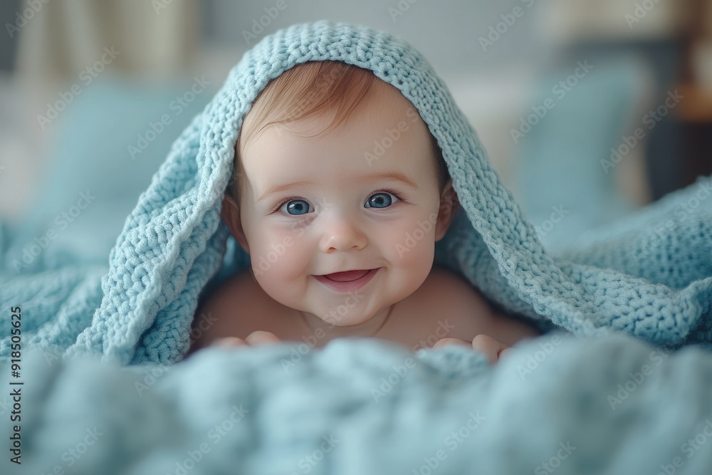Happy Baby Peeking Out from a Blue Blanket Happy Baby Peeking Out from a Blue Blanket