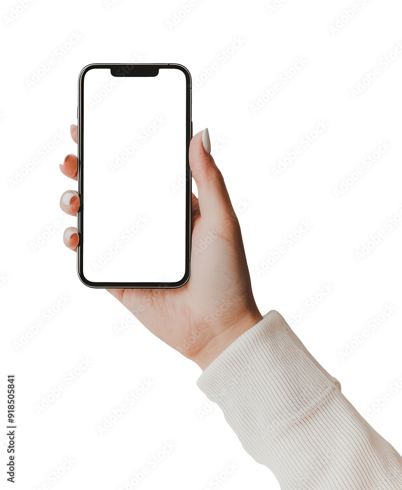 Woman holding smartphone with blank screen in hand Woman holding smartphone with blank screen in hand