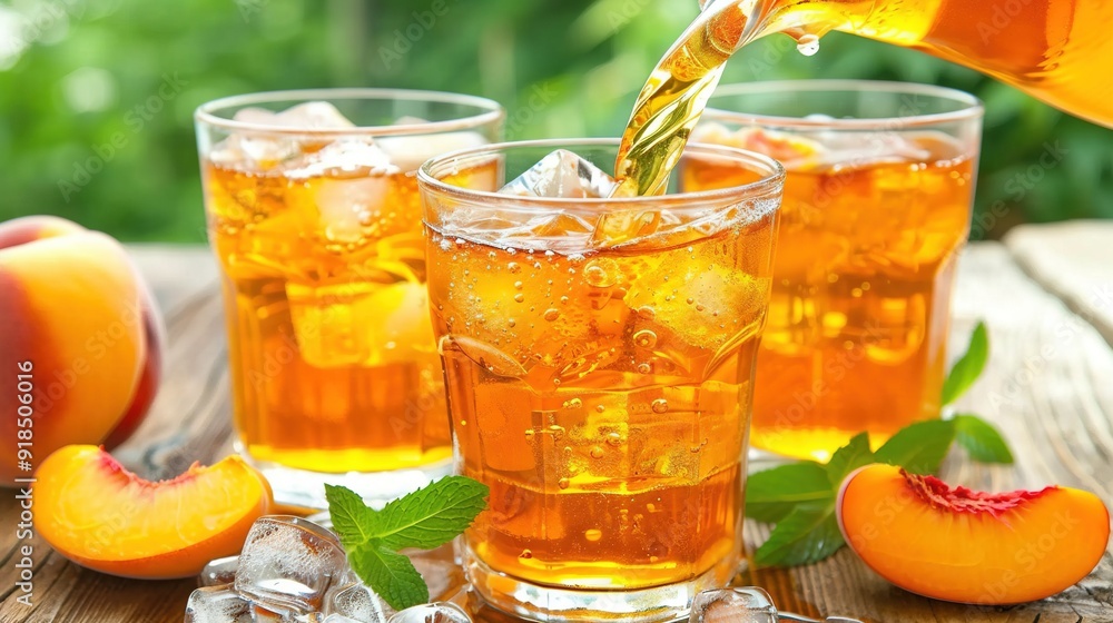 A pitcher pouring tea over ice and peaches on a wooden table alongside sliced peaches and mints A pitcher pouring tea over ice and peaches on a wooden table alongside sliced peaches and mints