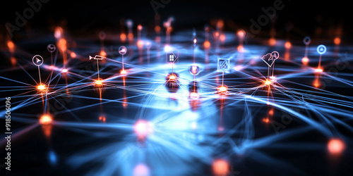 A complex network diagram with bright, glowing nodes representing business contacts, connected by lines of varying thickness, symbolizing the strength of strategic partnerships