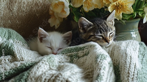 Sleeping kittens nestled in cozy knit blankets: adorable white and tabby cats resting peacefully among soft textures and gentle colors. Charming scene for pet lovers, home decor, and tranquil lifestyl photo