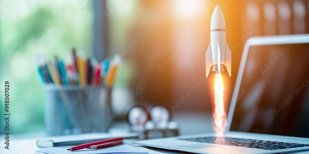 A dynamic image of a rocket launching from a laptop, with office supplies scattered around, symbolizing the intense drive of a business idea reaching new heights A dynamic image of a rocket launching from a laptop, with office supplies scattered around, symbolizing the intense drive of a business idea reaching new heights