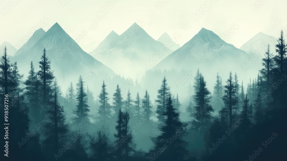 Obraz premium Misty fir forest beautiful landscape in hipster vintage retro style, misty mountains and trees. Ai generation