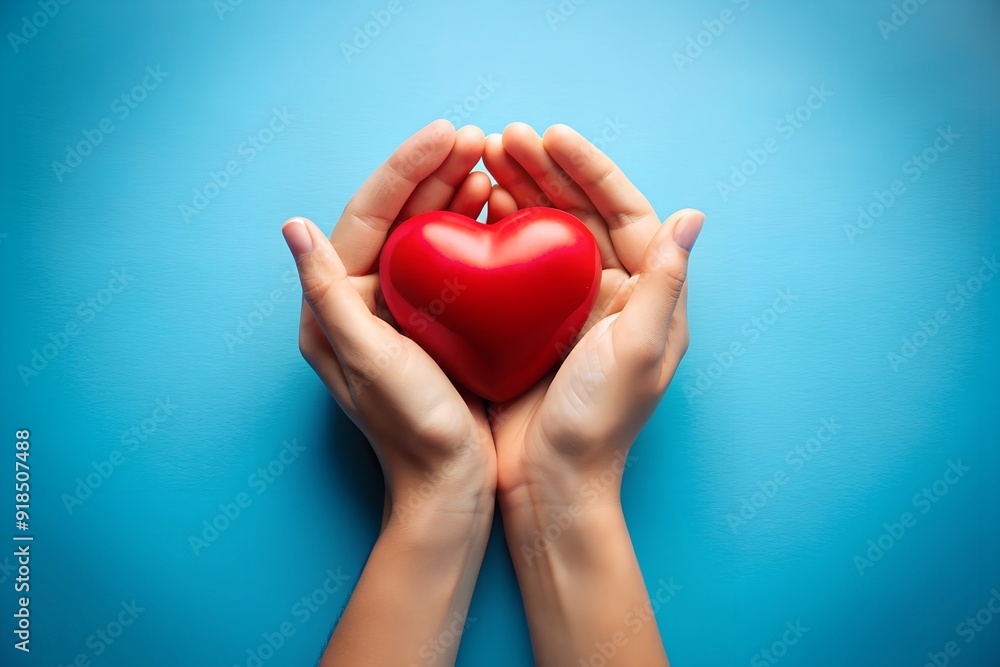 Close-up of hands holding a red heart shape on a bright blue background, symbolizing love, kindness, and care Close-up of hands holding a red heart shape on a bright blue background, symbolizing love, kindness, and care