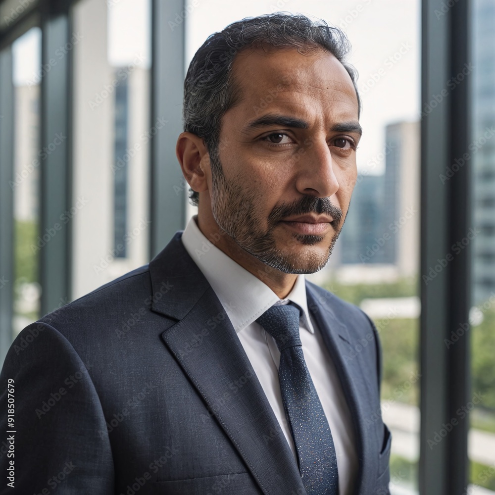 Contemplative Middle Eastern Businessman in Tailored Suit by Office Window Contemplative Middle Eastern Businessman in Tailored Suit by Office Window