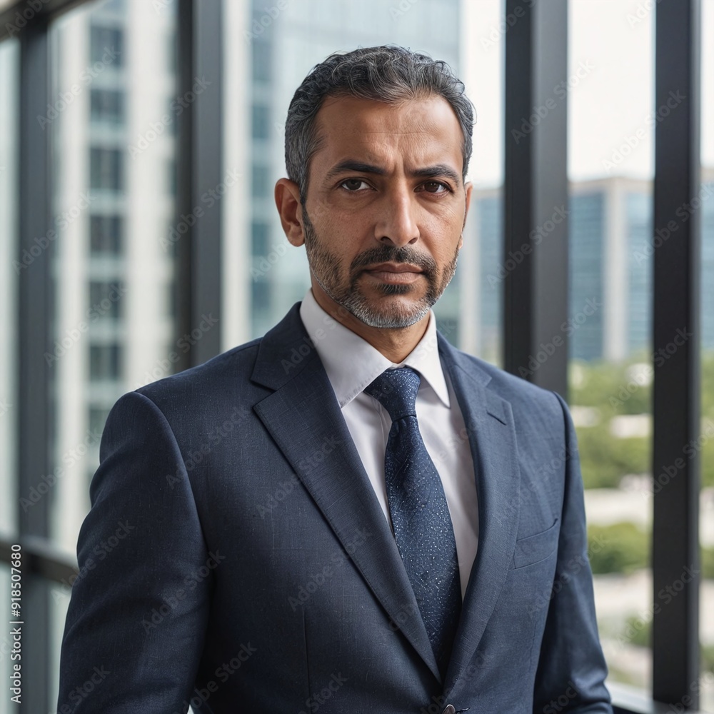 Fototapeta premium Contemplative Middle Eastern Businessman in Tailored Suit by Office Window