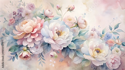 Pastel floral watercolor illustration with soft pink and white flowers, romantic background