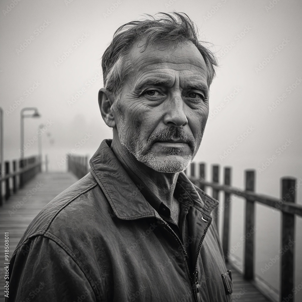Fototapeta premium Aged Gent on Misty Pier Timeless Noir