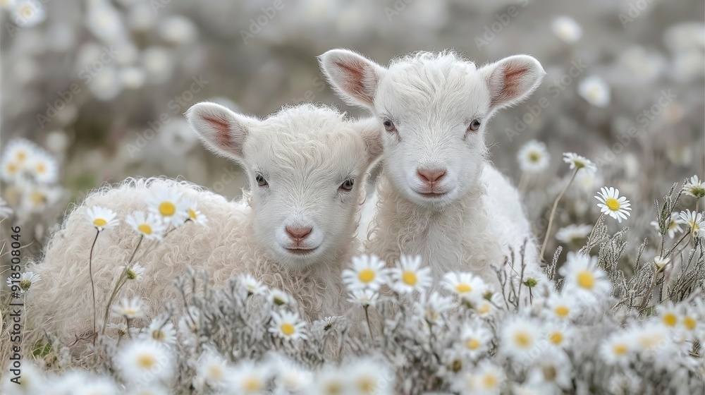 Fototapeta premium Two fluffy white lambs nestled in a field of white daisies, radiating pure innocence and charm.