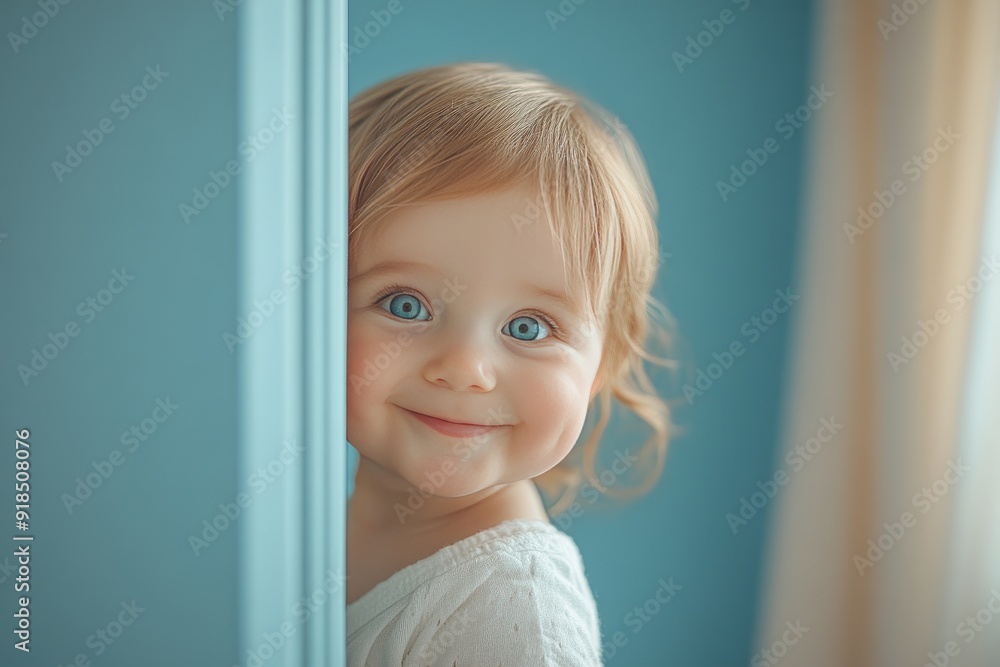 A Toddler Peeking from Behind a Blue Wall A Toddler Peeking from Behind a Blue Wall