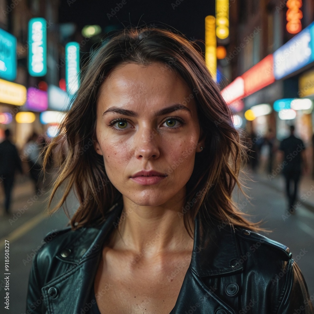 Obraz premium Urban Determination Portrait of a Woman in City Nights