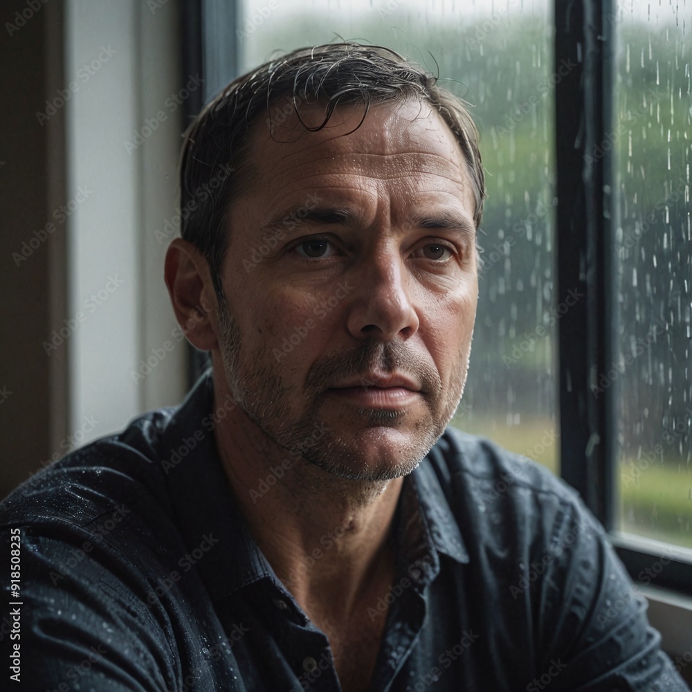 Contemplative MiddleAged Man by RainStreaked Window Contemplative MiddleAged Man by RainStreaked Window