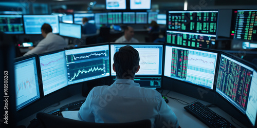 A stock market trading floor with traders monitoring screens, displaying fluctuating stock price charts and market data