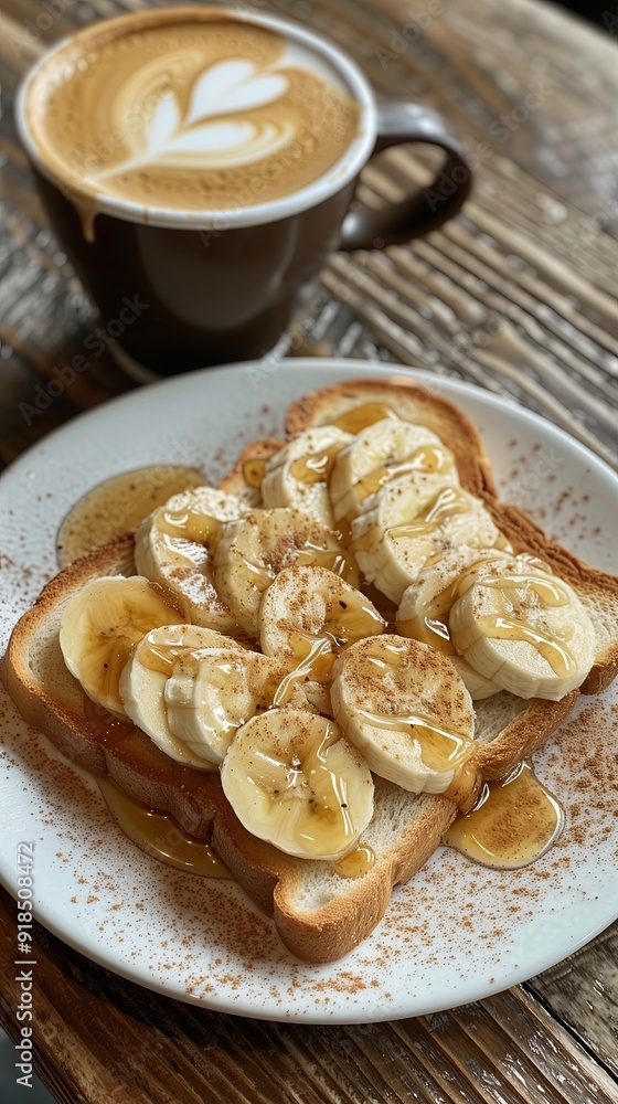 peanut butter banana with honey and cinnamon on toast bread slice with a latte to go cup peanut butter banana with honey and cinnamon on toast bread slice with a latte to go cup