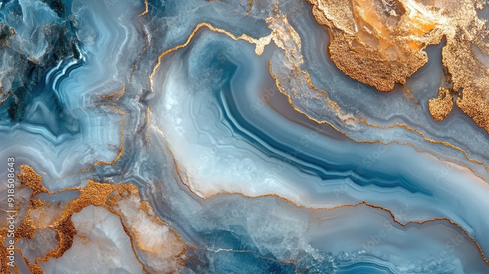 Fototapeta premium Natural volcanic agate stones close up light blue, beige and golden texture. Wallpaper background, quartz marble, decorative rock pattern. Ai generation
