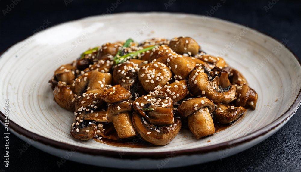Plate of stir-fry mushrooms with soy sauce and sprinkle with sesame seeds for an Asian twist. Plate of stir-fry mushrooms with soy sauce and sprinkle with sesame seeds for an Asian twist.