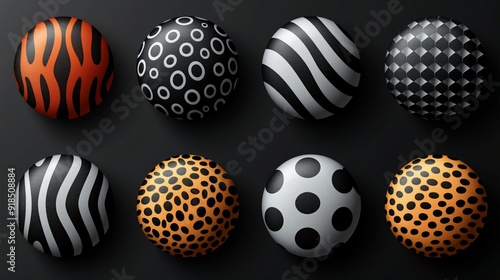 A set of round objects showcasing various bold animal prints in black, white, and orange.