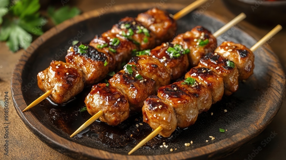 Grilled skewers of marinated meat, garnished with herbs, served on a dark wooden plate Grilled skewers of marinated meat, garnished with herbs, served on a dark wooden plate