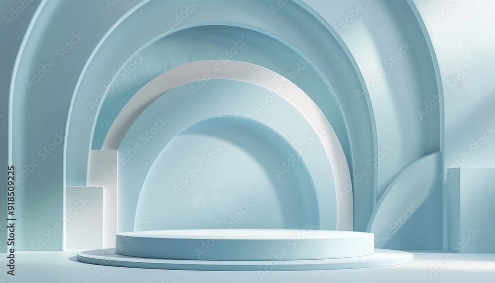Fototapeta premium Minimal 3D render featuring a podium against an abstract pastel blue white background