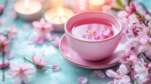 Wallpaper Mural Cup of tea wit lily blossom and candles spa composition background Torontodigital.ca