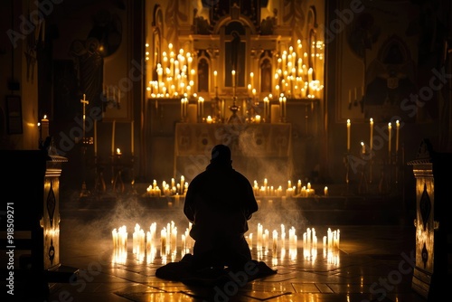A silhouette of a believer kneeling in prayer, illuminated by candlelight, with an altar in the background