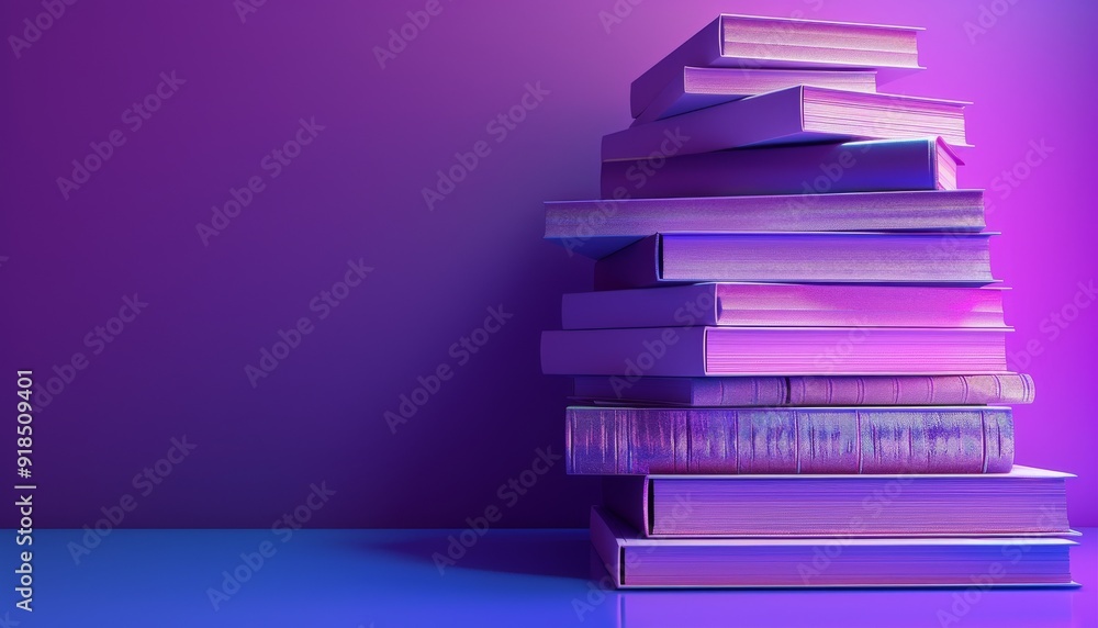 sharp 3D render of a stack of books and papers against a vivid purple background sharp 3D render of a stack of books and papers against a vivid purple background