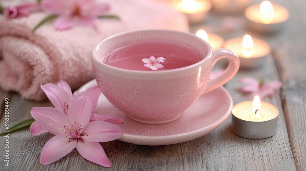 Cup of tea wit lily blossom and candles spa composition background Cup of tea wit lily blossom and candles spa composition background