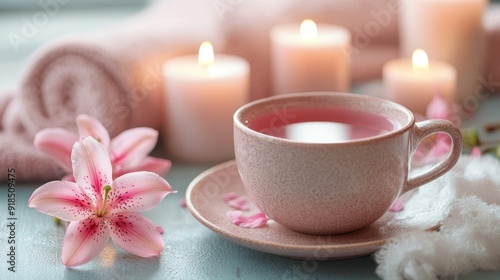 Cup of tea wit lily blossom and candles spa composition background