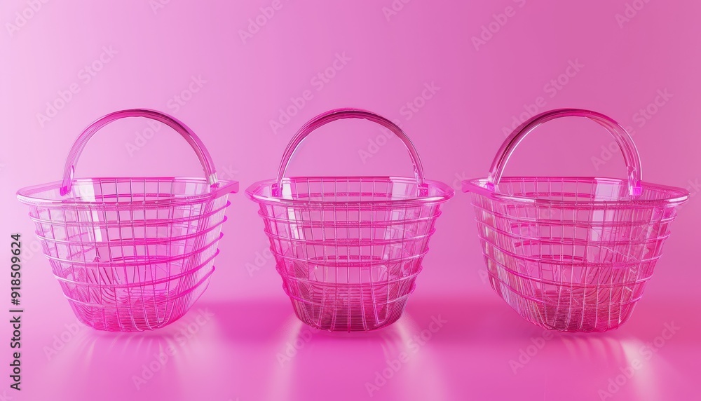 3D render of empty shopping baskets on a vibrant pink background Highlights the contrast between 3D render of empty shopping baskets on a vibrant pink background Highlights the contrast between