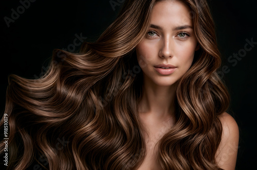 An elegant portrait of a woman with lush brown hair, great for marketing campaigns of the beauty and fashion industry, advertising professional hair care products