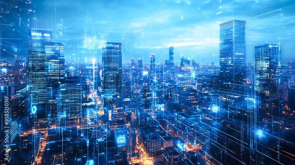 City skyline at night with bright lights and skyscrapers, showcasing an urban view of a bustling cityscape in Asia