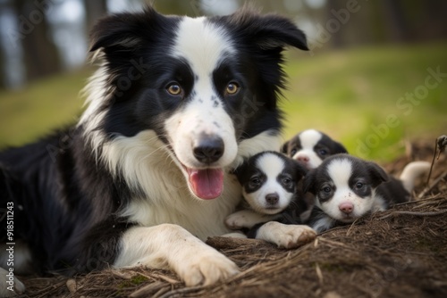 Border Collie dog with her puppies on a natural green background.