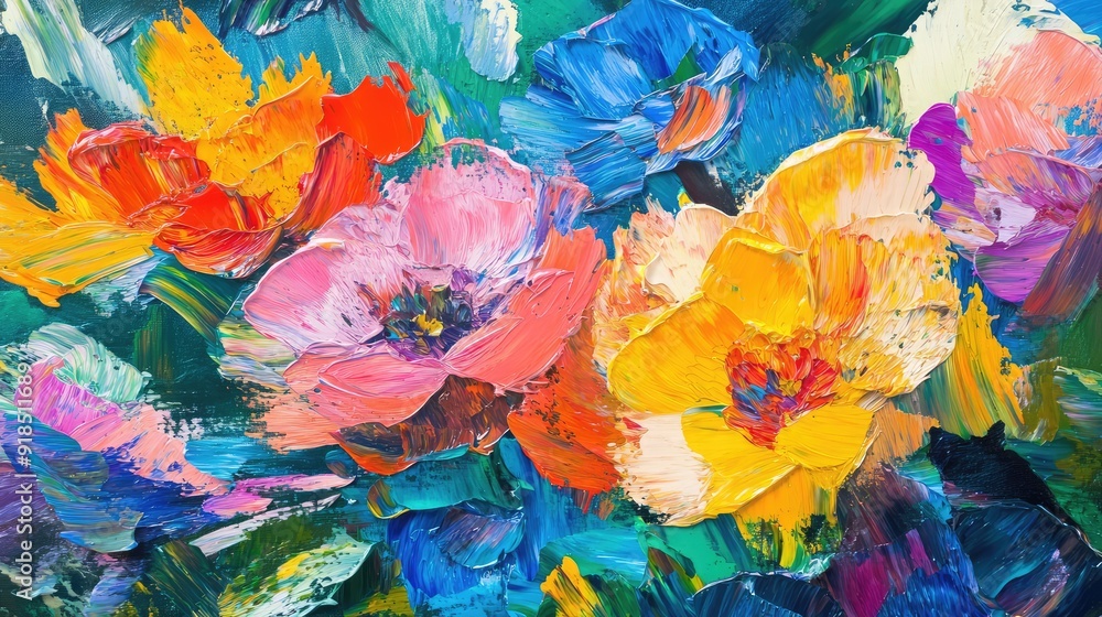 Oil painting of spring flowers on canvas. Beautiful abstract colorful flowers. Macro impasto painting. Ai generation Oil painting of spring flowers on canvas. Beautiful abstract colorful flowers. Macro impasto painting. Ai generation