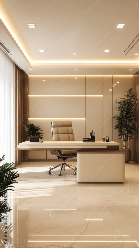 Fototapeta premium Modern, elegant office space with luxurious furnishings, natural light, minimalist design, and sophisticated ambiance, empty wall.