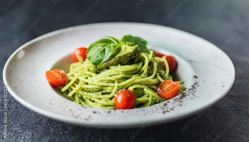 Vegan zucchini pasta with avocado sauce, spinach leaves and cherry tomatoes on ceramic plate Vegan zucchini pasta with avocado sauce, spinach leaves and cherry tomatoes on ceramic plate