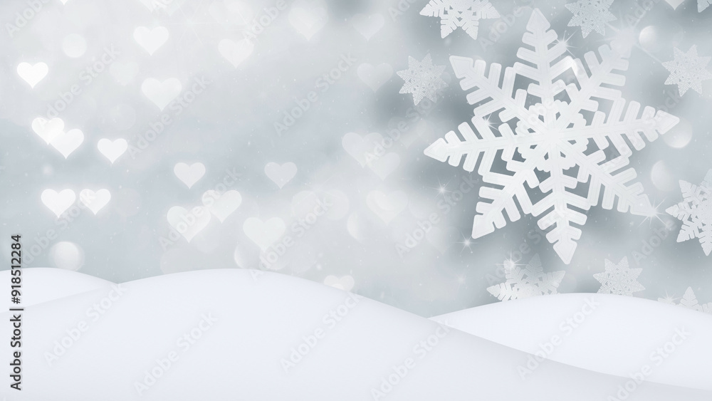 Xmas background with white snowy landscape and artistic snowflakes and hearts holiday christmas decoration background illustration. Xmas background with white snowy landscape and artistic snowflakes and hearts holiday christmas decoration background illustration.